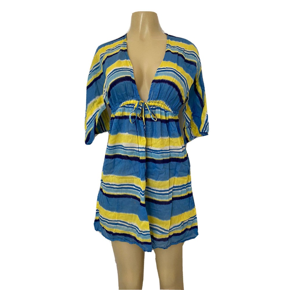 Milly Cabana Tunic Cover Up Dress Deep V Neck Striped Blue Yellow 3/4 Sl…